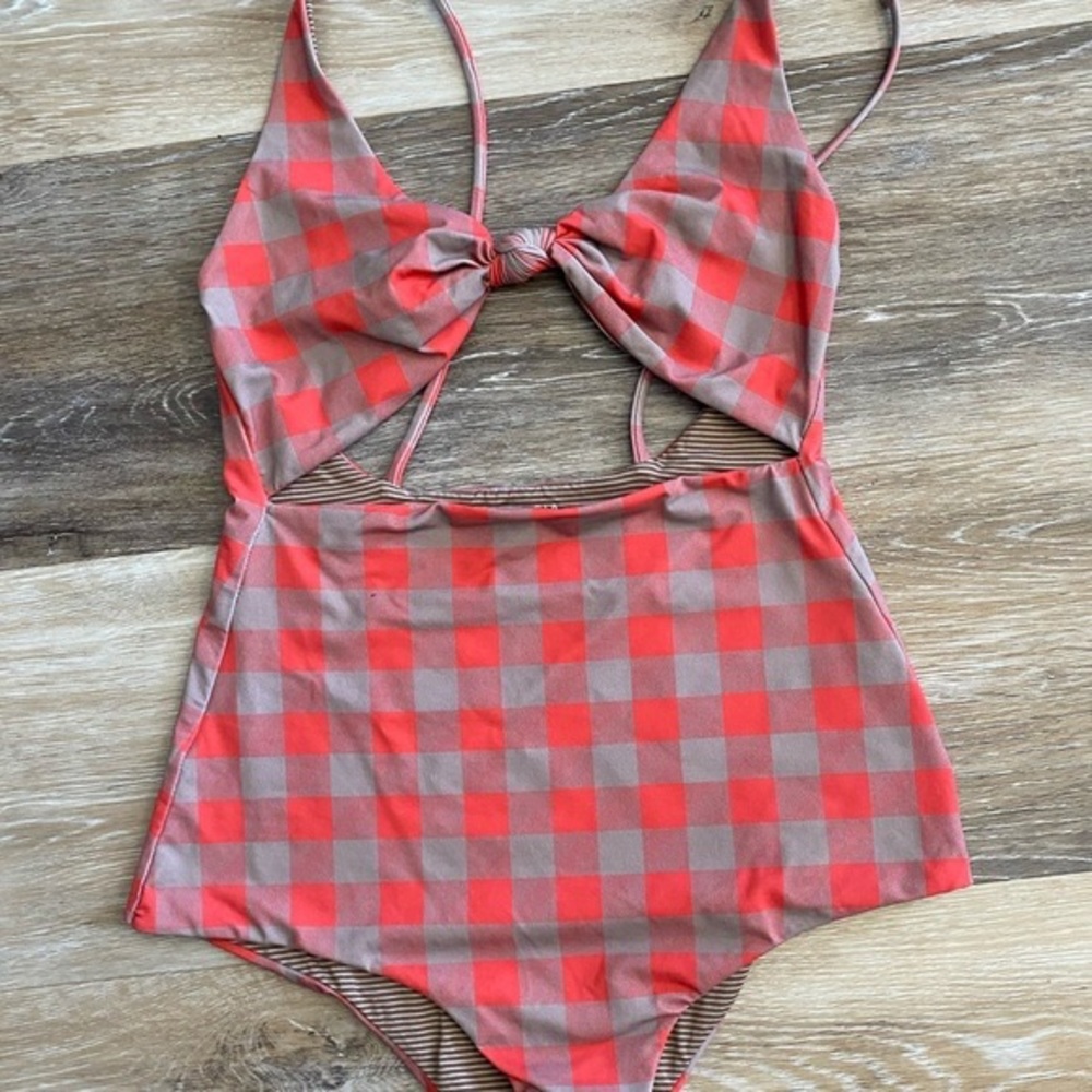 Acacia swimwear checkered gingham red & grey two 2 piece set- bikini swimsuit - Picture 4 of 14